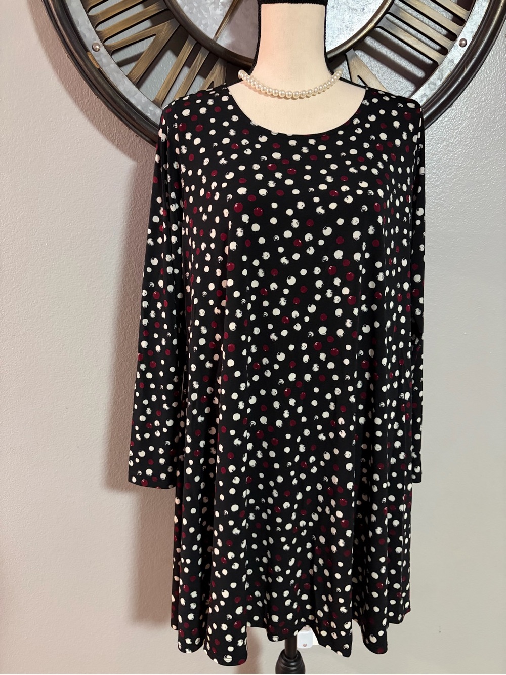 Karen Kane Black Long Sleeve Swing Dress with White and Burgundy Polka Dots